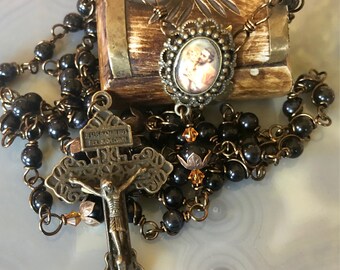 Beautiful Vintaj Brass Wire Wrapped St. Joseph Rosary! Lovely, Durable...
