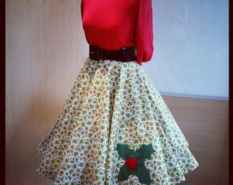 1950's, 50's, vintage, retro, pin-up, style candy cane Christmas full circle skirt size 29 inch waist with felt holly