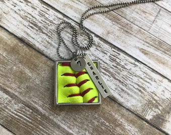 Softball Necklace - Personalized Name & Number - Hand Stamped - Softball Seams - Softball Leather - Personalized Softball Necklace - Square