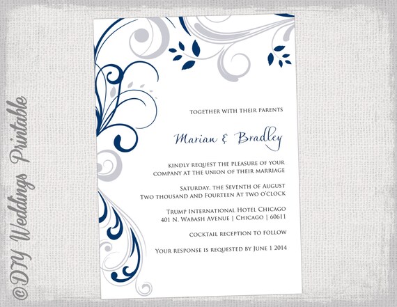 Printable Wedding invitation templates Silver gray and navy