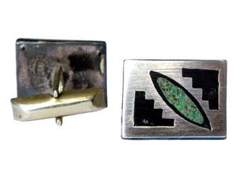 Vintage 1950s Mexican Sterling Silver Cufflinks Malachite