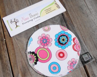 Reusable Nursing Pads, Waterproof Organic Cotton Flannel - Bright Floral on White
