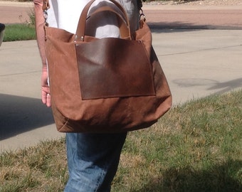 Waxed Canvas Leather Tote Men Bag Commuter Bag Leather Detachable Leather Strap- Weekender