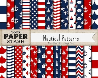 Nautical Digital Papers, Coastal Scrapbook Paper, Instant Download, Patriotic, Sailor, Baby Shower Background, Sailboats, Striped Pattern