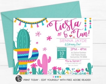 FIESTA BIRTHDAY INVITATION, Fiesta Party Invitation, Editable Fiesta invitation, Girl Fiesta Invitation, Editable Invitation, Fiesta Cactus