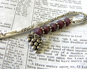 Grape Wine Bookmark with Solid Purple Glass Beads Silver Color Shepherd Hook Bookmark