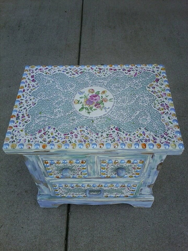 Glass China Mosaic Bedside Table OOAK Blue Green Pink