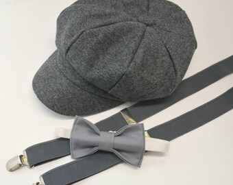 Bow Tie Suspenders Newsboy Cap Hat / Medium Gray Bow Tie / Charcoal Gray Suspenders / Kids Baby Page Boy Outfit Set / Newborn - 10 Years