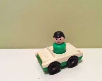 Vintage Fisher Price White Top Green Bottom Single Rider Car Vehicle with Gas Nozzle Black Wheels