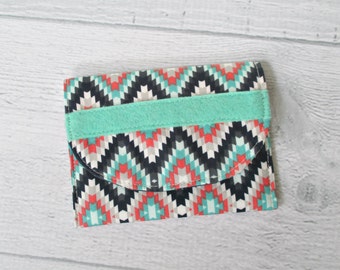 Memory Card Wallet. Turquoise Card Case. Navy, Mint and Coral Turkish Print Fabric Mini Wallet. Coin Purse.