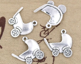 8 Baby Carriage Charm Pendant 21mm x 20mm Stroller - Antique Silver Tone - Jewelry Making