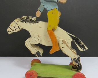 Folk Art Wood Horse & Boy on Wheels, Movable Boy, Swivel Horse, Primitive Americana, Hand Carved