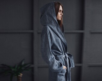 Softened natural linen bathrobe with a hood blue jeans color, elegant loungewear robe for women, natural, sustainable fashion robe, woman