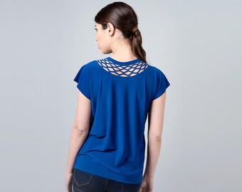 Blue Top, Blue Blouse, Women Blouse, Blue Shirt, Womens Geometric Shirt, Cut Out Shirt, Minimalist Shirt, Casual Boho Shirt, Summer Shirt