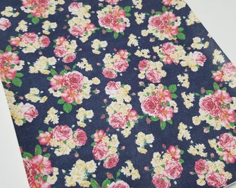 FLOWER SHOP-NAVY smooth bouquet floral print,faux leather sheets,8x11,floral fabric,floral faux leather,floral material,vegan leather