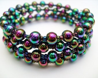 Pearl Bracelet, Beaded Bracelet, Memory Wire Wrap Bracelet, Cuff Bracelet, Chunky Bracelet - Over The Rainbow - Designs by Kim Smith