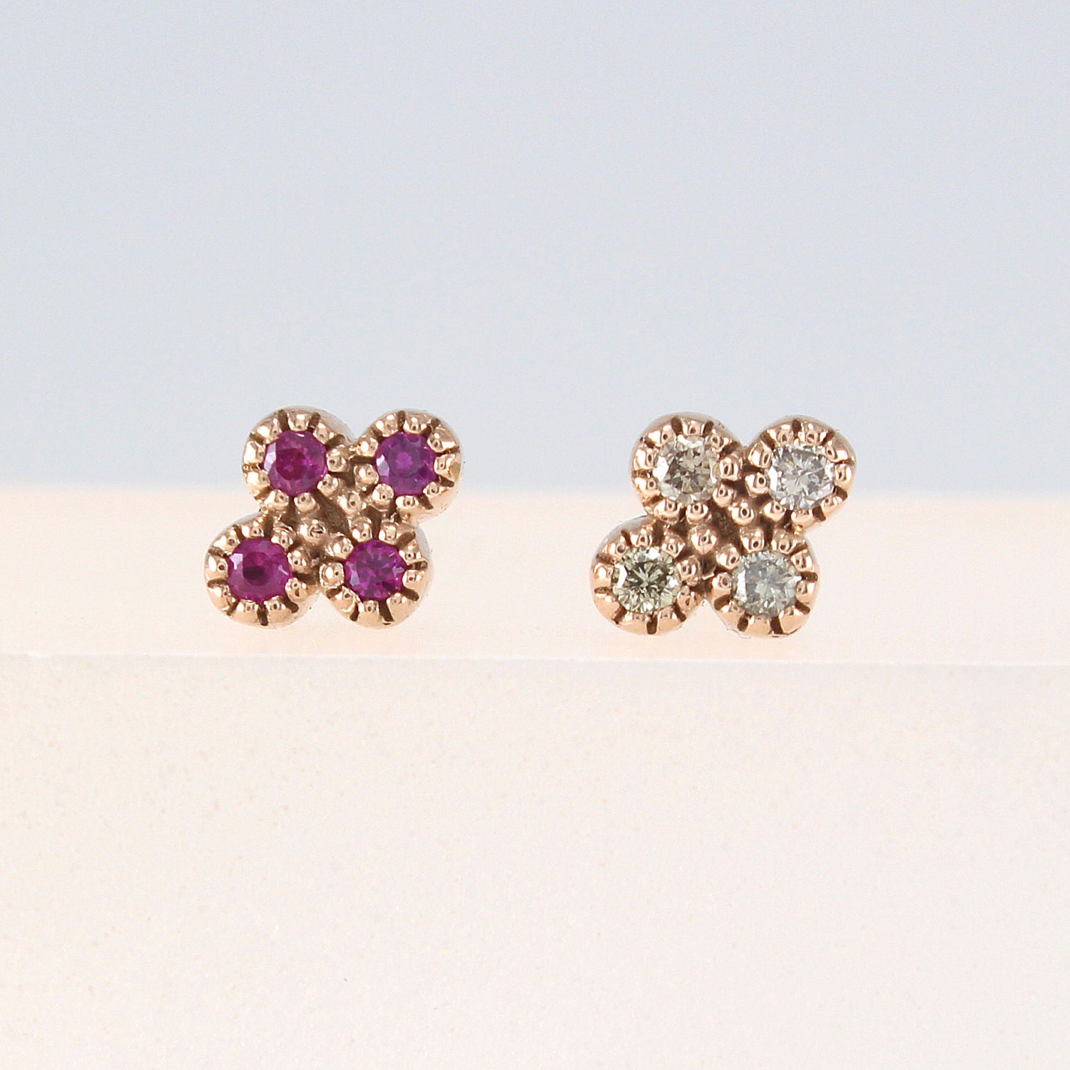 Tiny Ruby Stud Earrings in 14K Gold Tiny White Diamond Stud