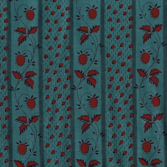 BY THE YARD Blue and Red Floral Stripe Roller Print Fabric