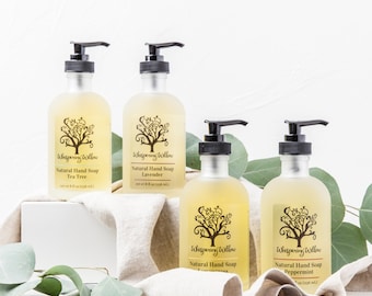 Natural Liquid Soap in a Glass Pump - Made with Organic Essential Oils - Lavender, Lemongrass, Peppermint, Tea Tree or Rose - 8 oz