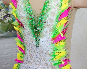 Rhythmic Gymnastics Leotard - White / Leaves #12