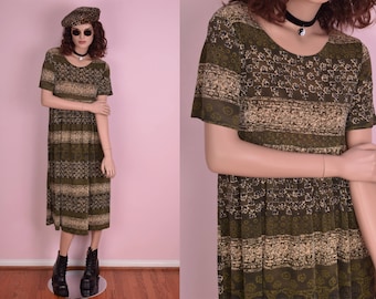 90s Olive Flowy Floral Print Dress/ Medium/ 1990s/ Short Sleeve