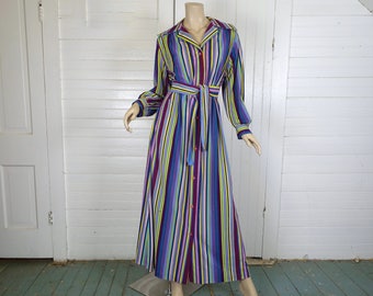 70s Terry Robe in Rainbow Stripes- 1970s Loungewear / Swimsuit Coverup / Beach / Disco / Maxi Dress - Medium