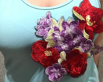 Embroidered patch flower bouquet. Floral patch red.
