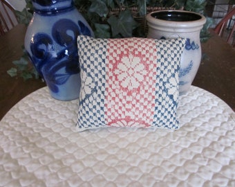 Primitive Antique Coverlet Pillow Red, Navy, Tan