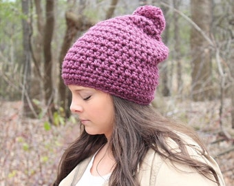 Pom Pom Hat, Purple Slouchy Hat, Slouchy Beanie, Purple Beanie, Purple Hat, Crochet Beanie, Crochet Hat, Winter Hat, Women's Hat, THE HUDSON