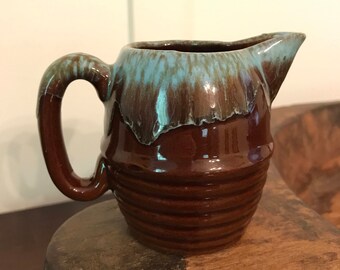 Vintage Brown Individual Creamer with Blue Drip Glaze and Ringed or Beehive Design