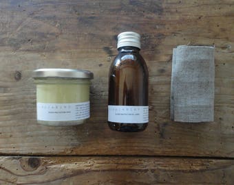 wood protection OIL & WAX _ set of both (linseed/tung oil+bees/carnauba wax) for furniture, cutting board, table, floor (100 ml/3.38 fl.oz)