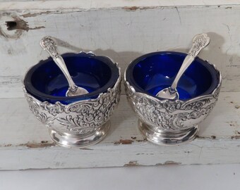Pair of cobalt blue salt cellars with sterling silver spoons, Rogers, salt dips, vintage