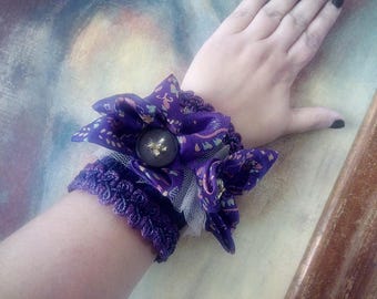 Steampunk wrist cuff bracelet Statement cuff Purple cuff Fabric bracelet Fabric jewelry Boho cuff bracelet Boho wrist cuff Cloth bracelet