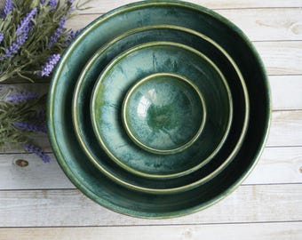 Rustic Stoneware Nesting Bowls, Ceramic Set of Four Green Bowls Handmade Pottery Ready to Ship Made in USA