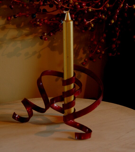 Red Ribbon Metal Candleholder Artisan Handcrafted Freeform Five Feet of Metal Hand Twisted Flowing Red Candle Holder Canadian Artist Aucoin