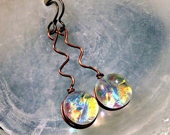 Dichroic Fused Glass Drop Earrings in Translucent Fire Like Colors, Squiggle Antique Copper Earrings, Hypo Allergenic Niobium Wires