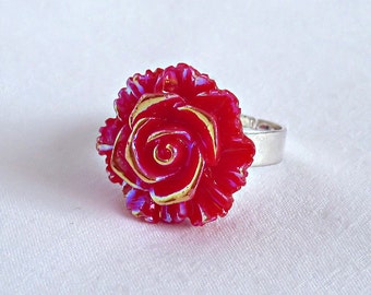 Red Rose Ring; Adjustable Statement Ring; Flower Ring; Red Rose Jewelry; Rainbow Ring; Resin Rose Ring; Cabochon Ring; Aurora Borealis Ring