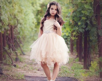 Flower girl dress, lace flower girl dress, country flower girl dress, rustic flower girl dress, baby dress, champagne lace dress, girl dress