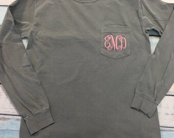 SALE - Monogrammed Comfort Colors - Long Sleeve Tee - Comfort Colors Tee - Pocket Tee - Pocket Long Sleeve - Monogrammed Shirts