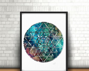 Sacred Geometry, Spiritual Wall Art, Mandala Art, Watercolor Mandala, Yoga Wall Art, Zen Decor, Yoga Studio Decor, Sri Yantra Geometry
