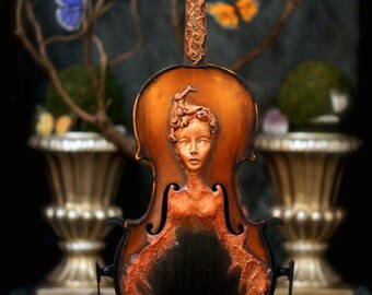 Violin Spirit. Original Sculpture by Award Winning Fae Factory Visionary Artist Dr Franky Dolan (clay and musical instrument violin art)