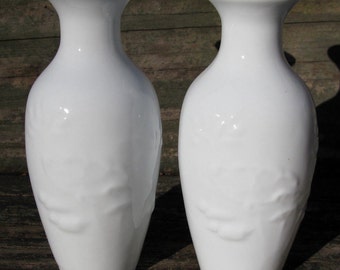 Chinese eggshell porcelain vase pair Blanc de Chine lotus decoration white 4.5in