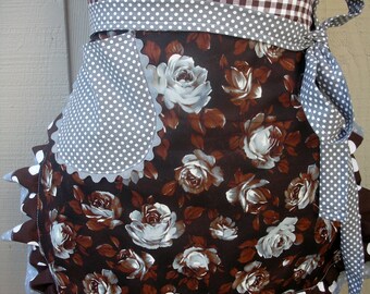 Aprons - Womens Aprons - Flowered Aprons - Grey and Brown Roses Aprons - Brown Rose Aprons - Robert Kaufman Aprons - Annies Attic Aprons