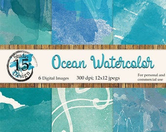 Ocean Watercolor Digital Papers-6 Backgrounds-Blue-Greens-Printable Scrapbook Papers-Watercolor Texture-Free Commercial Use