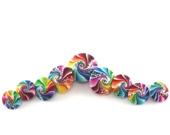 Polymer clay beads in rainbow colors, swirl lentil beads with silver, combination set of 9 beads, colorful focal beads for craft supplies