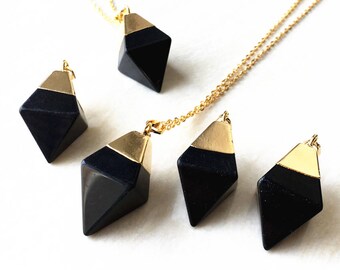 SALE Natural Black Tourmaline Stone Dice Charm Pendant - Raw Black Tourmaline with Gold Electroplated Cap