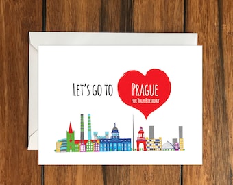 Let's Go To Prague for your Birthday Blank greeting card, Holiday Card, Gift Idea A6