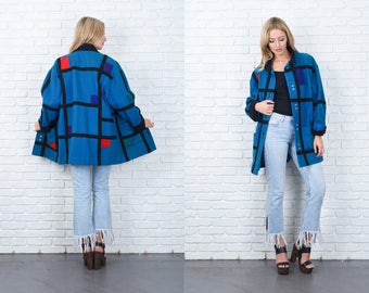 Vintage 80s Teal Coat Jacket Block Striped Geometric Geo Wool XL 11277