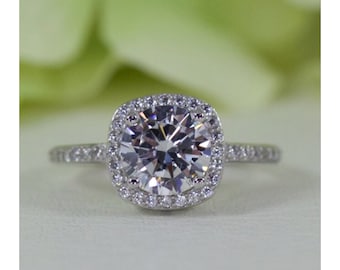 1.50 Ct. Cushion Halo With Round Cut Cubic Zirconia Ring In Sterling Silver, Engagement Ring, Promise Ring, Anniversary Ring | #008