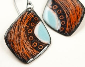 Fire and Water Enamel Earrings Sgraffito